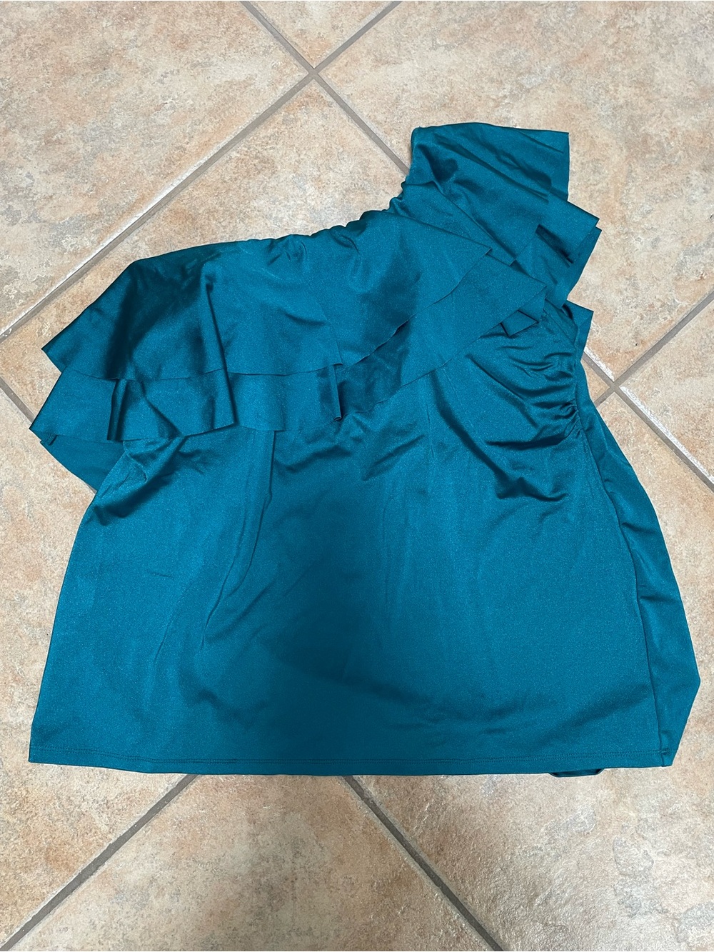 One-Shoulder Ruffle Tankini Top in Teal